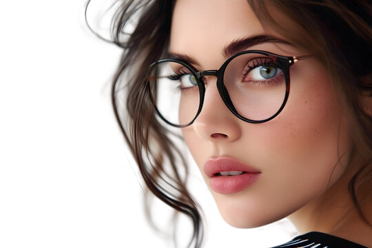 Woman wearing stylish round black eyeglasses with clear lenses, modern optical frames for everyday wear