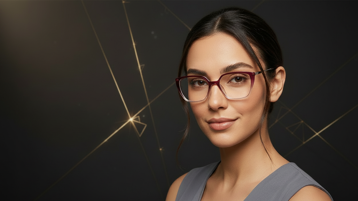 A woman wearing rectangular eyeglasses with a translucent burgundy frame and clear lenses, shown in a close-up portrait against a light gray background.