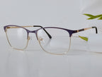 Purple and gold semi-rimless  stylish frame with clear lenses on white surface, modern optical frames