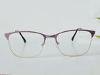 Purple and silver metal eyeglass frames with clear lenses on white surface