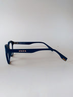 Square bold acetate eyeglasses – matte blue, side view temple arm