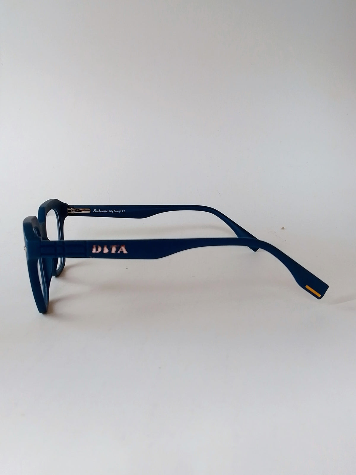 Square bold acetate eyeglasses – matte blue, side view temple arm