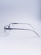 A pair of clear acetate eyeglass frames with dark metal temples, shown from a side profile on a light gray studio background.