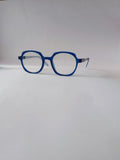 A blue geomatric kids frame, side view