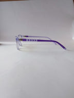 Lavender purple cat-eye kids frame, 3/4 view showing right temple