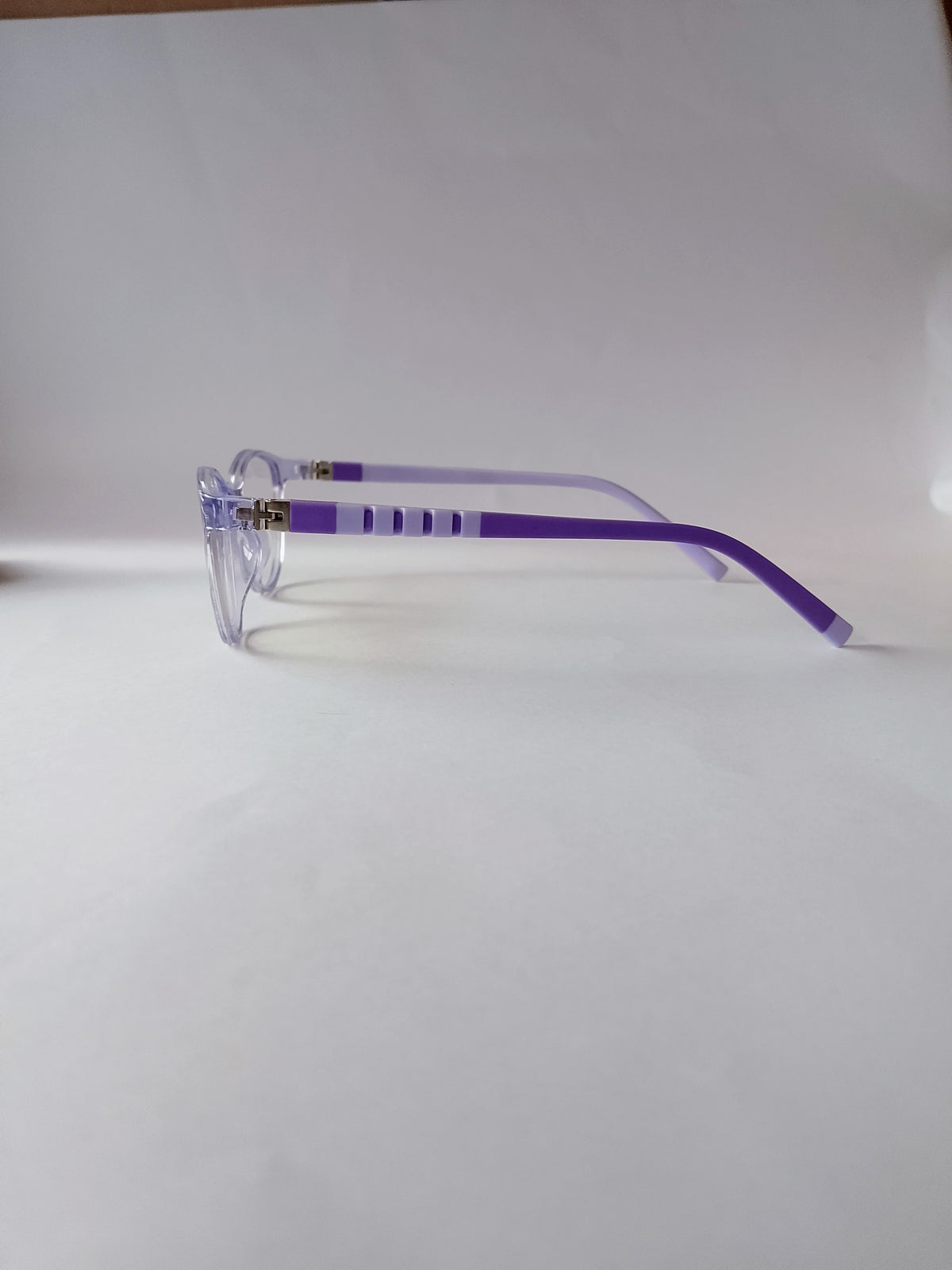Lavender purple cat-eye kids frame, 3/4 view showing right temple