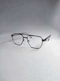 A pair of black metal eyeglasses with a double-bridge design and clear lenses, displayed on a light gray background.