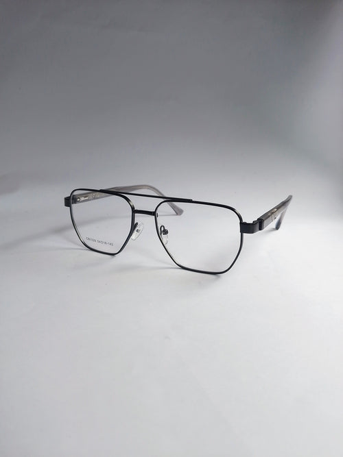 A pair of black metal eyeglasses with a double-bridge design and clear lenses, displayed on a light gray background.