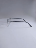 A temple arm view, with a slim black metal temples, photographed on a seamless light gray studio background.