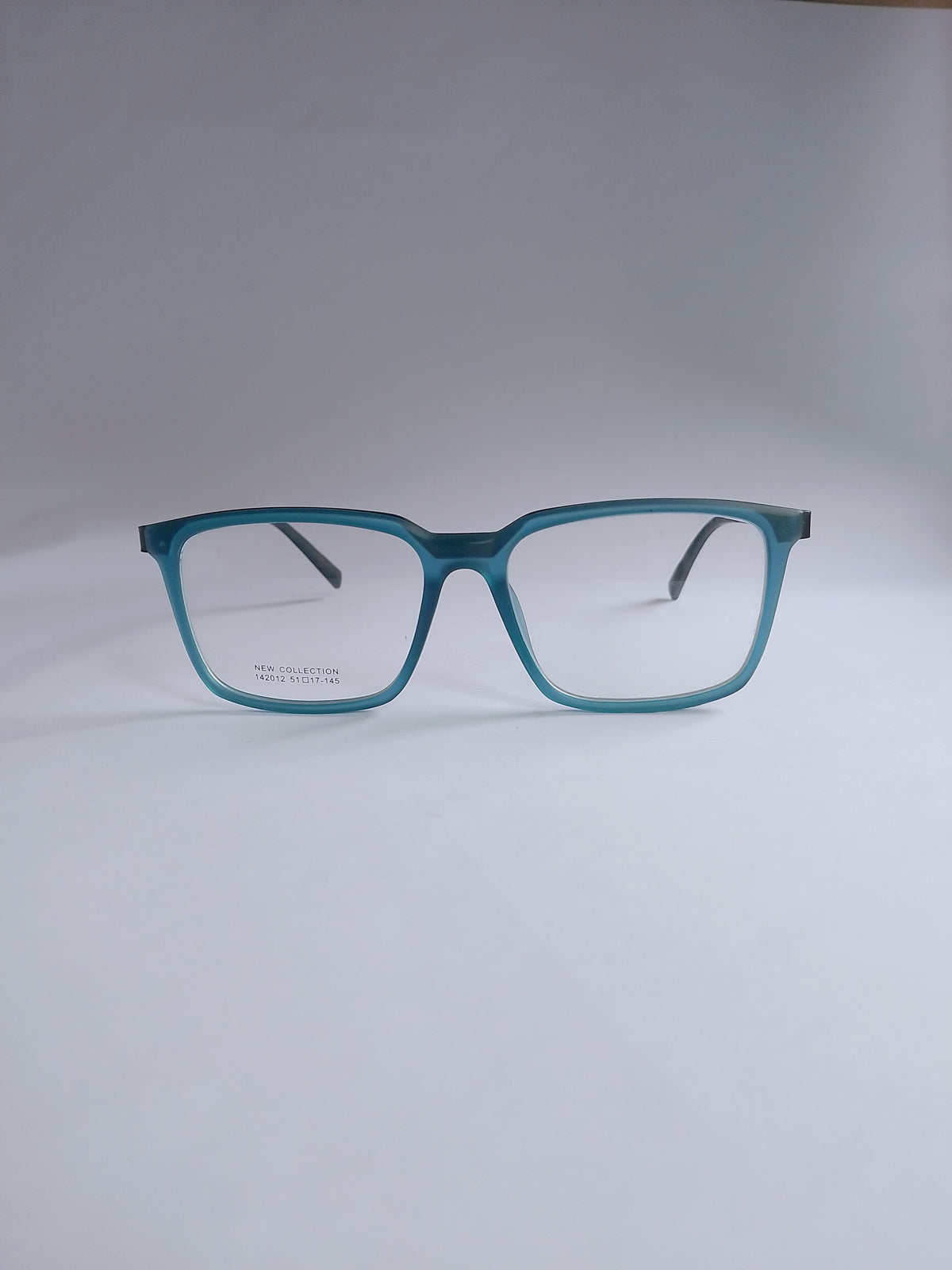 A pair of square-frame eyeglasses with translucent teal-blue frames and clear lenses, displayed on a light gray background.