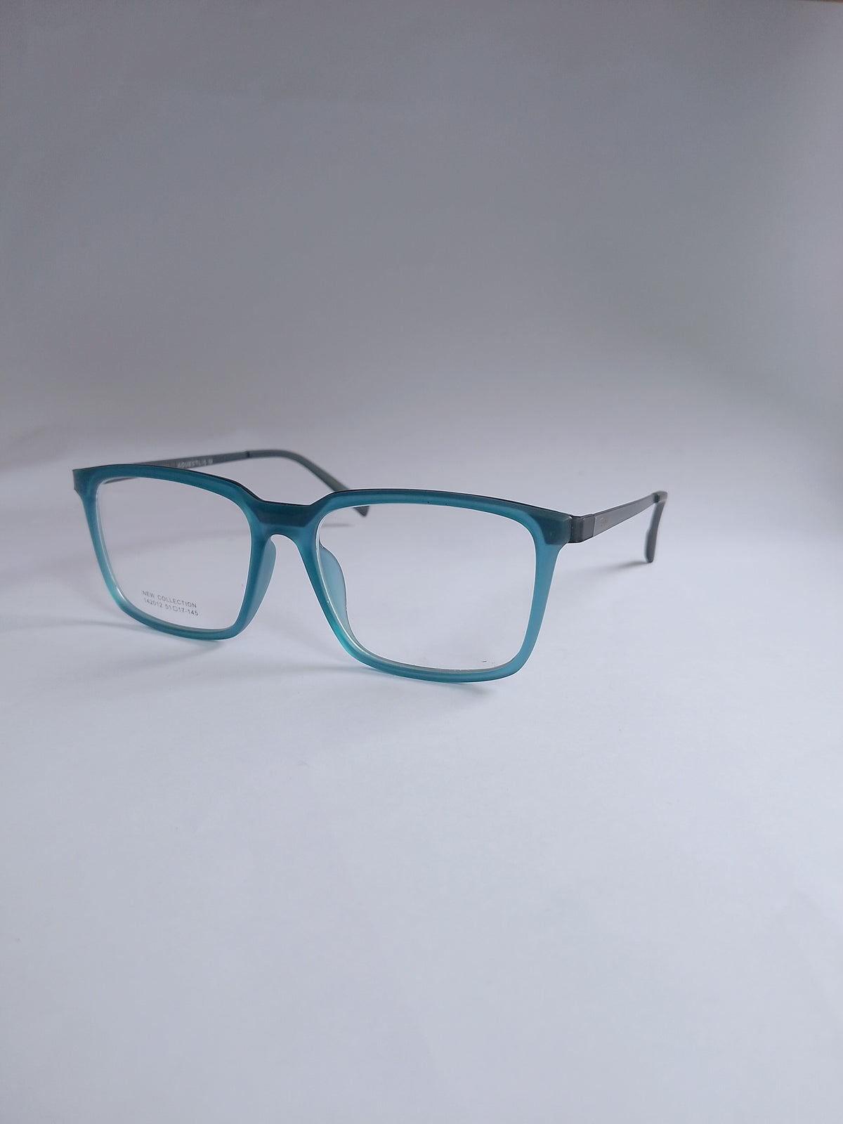 A pair of eyeglasses with a translucent teal-blue acetate frame and dark gray temples, displayed on a clean light gray background.