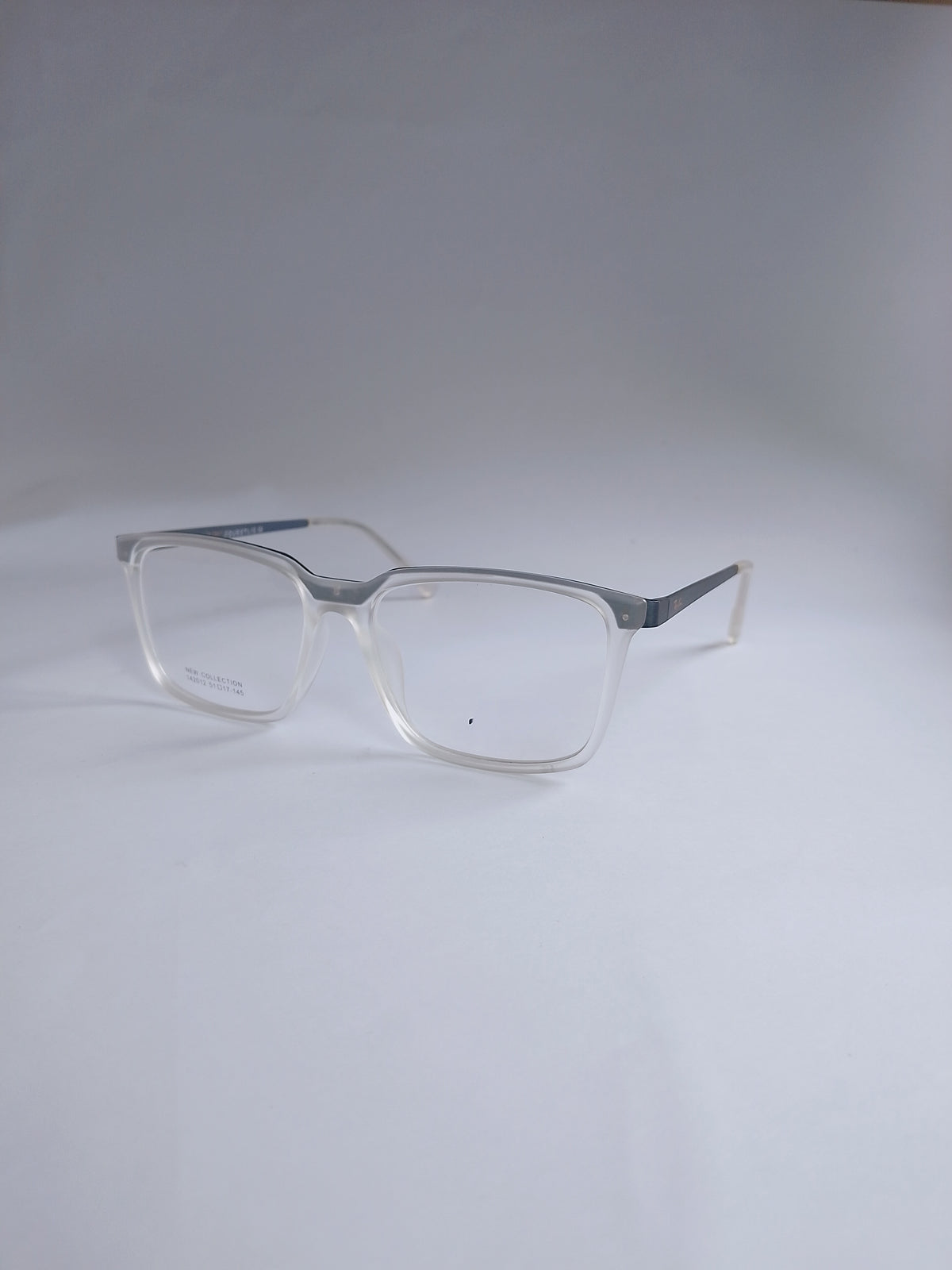 Clear acetate square eyeglasses with silver metal temples, displayed on a light gray studio background.