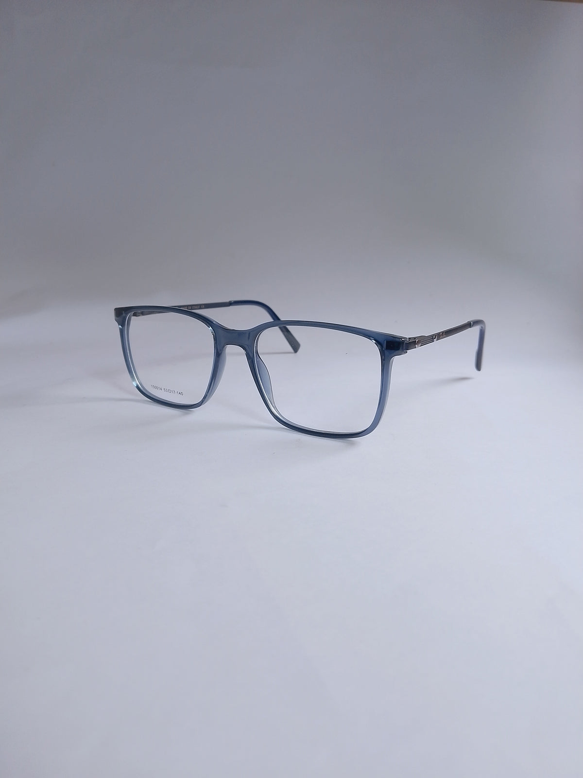 A pair of square-frame eyeglasses with a translucent blue acetate frame and clear lenses, displayed on a light gray studio background.3/ 4angle
