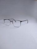 A pair of square metal eyeglass frames with clear lenses, displayed on a light gray background. Sliver to white gradient