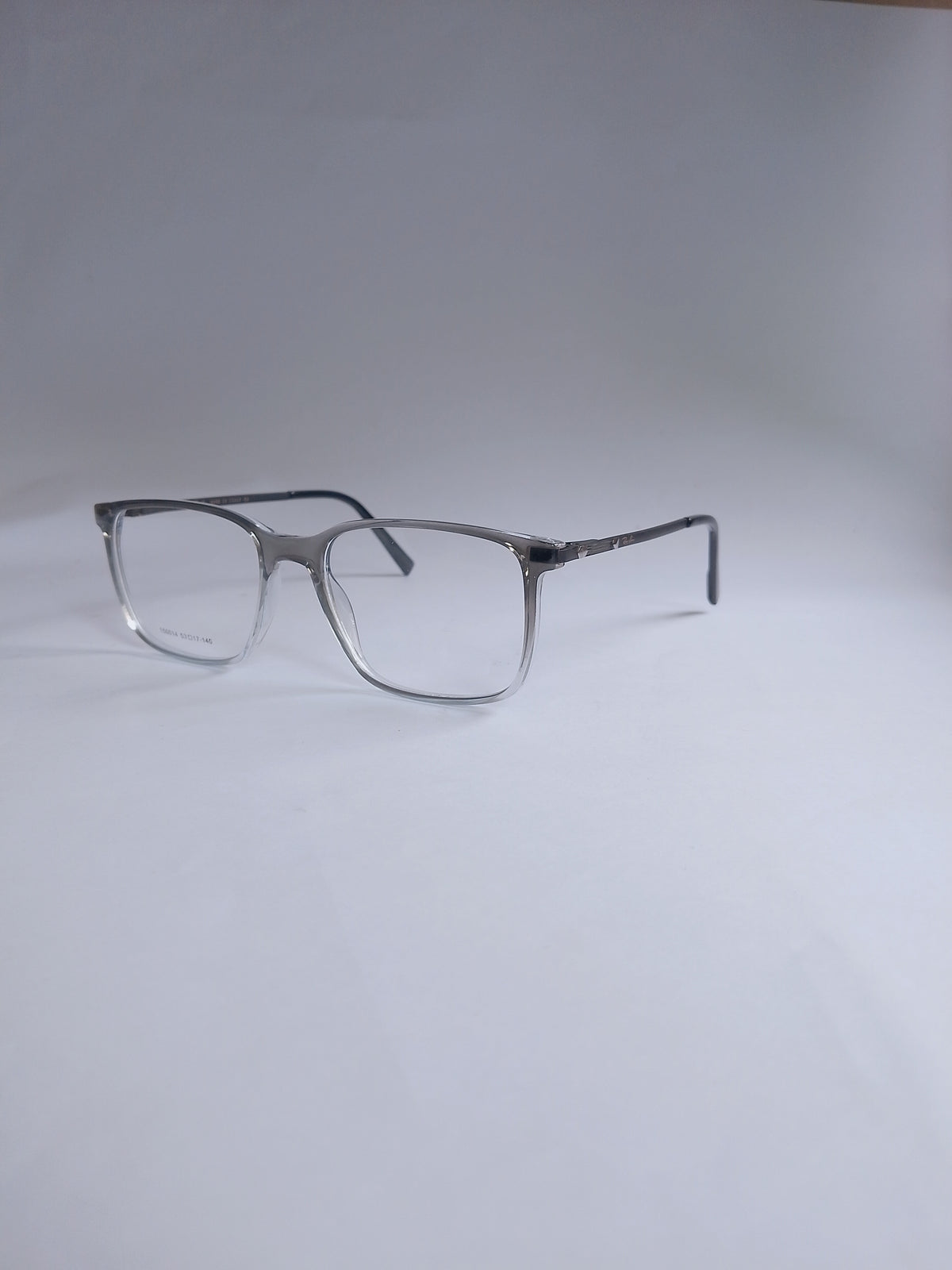 A pair of square metal eyeglass frames with clear lenses, displayed on a light gray background. Sliver to white gradient