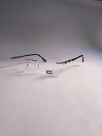 Orin rimless stylish frame three-quarter view with gold and black temples