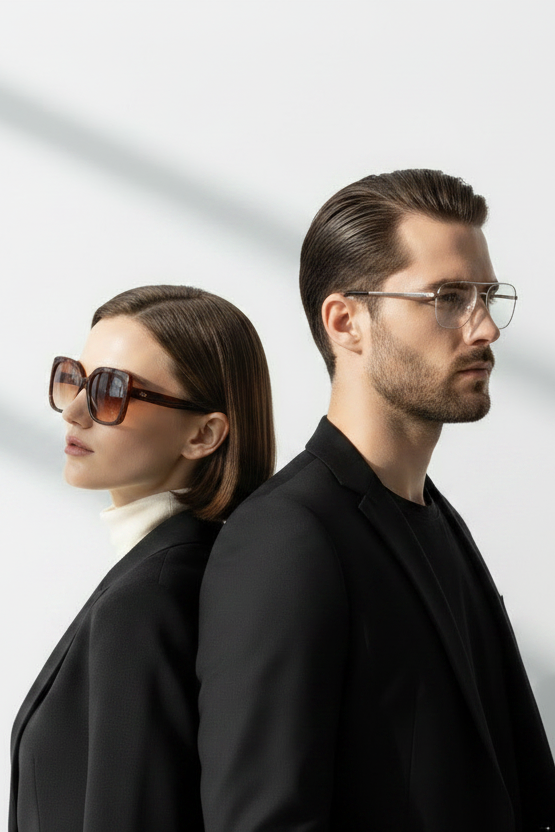 Man and woman in stylish eyewear, back-to-back, showcasing modern sunglasses and clear glasses frames.