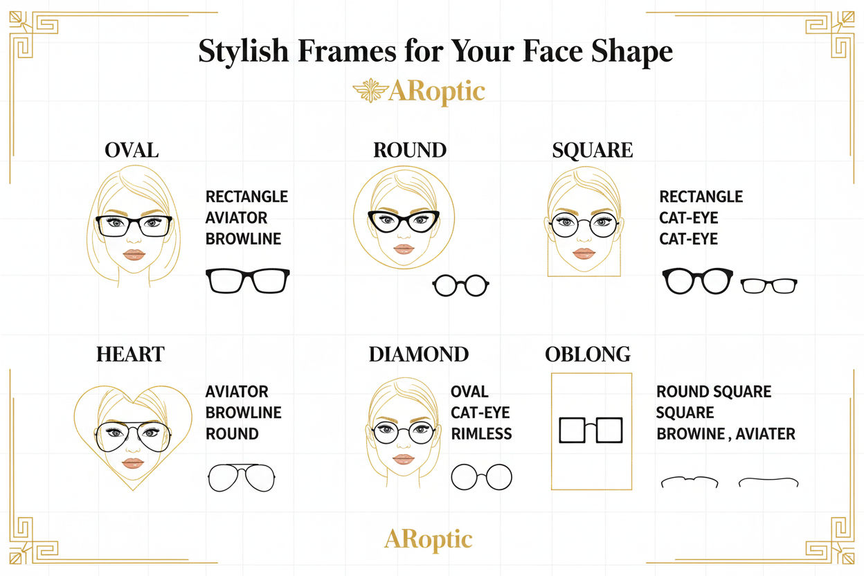 Chart showing stylish eyeglass frames for different face shapes by Aroptic.