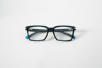 Dark teal rectangular eyeglasses with blue temple tips, clear lenses, on white background