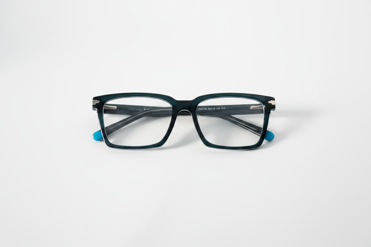 Dark teal rectangular eyeglasses with blue temple tips, clear lenses, on white background
