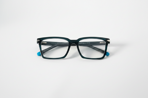 Dark teal rectangular eyeglasses with blue temple tips, clear lenses, on white background