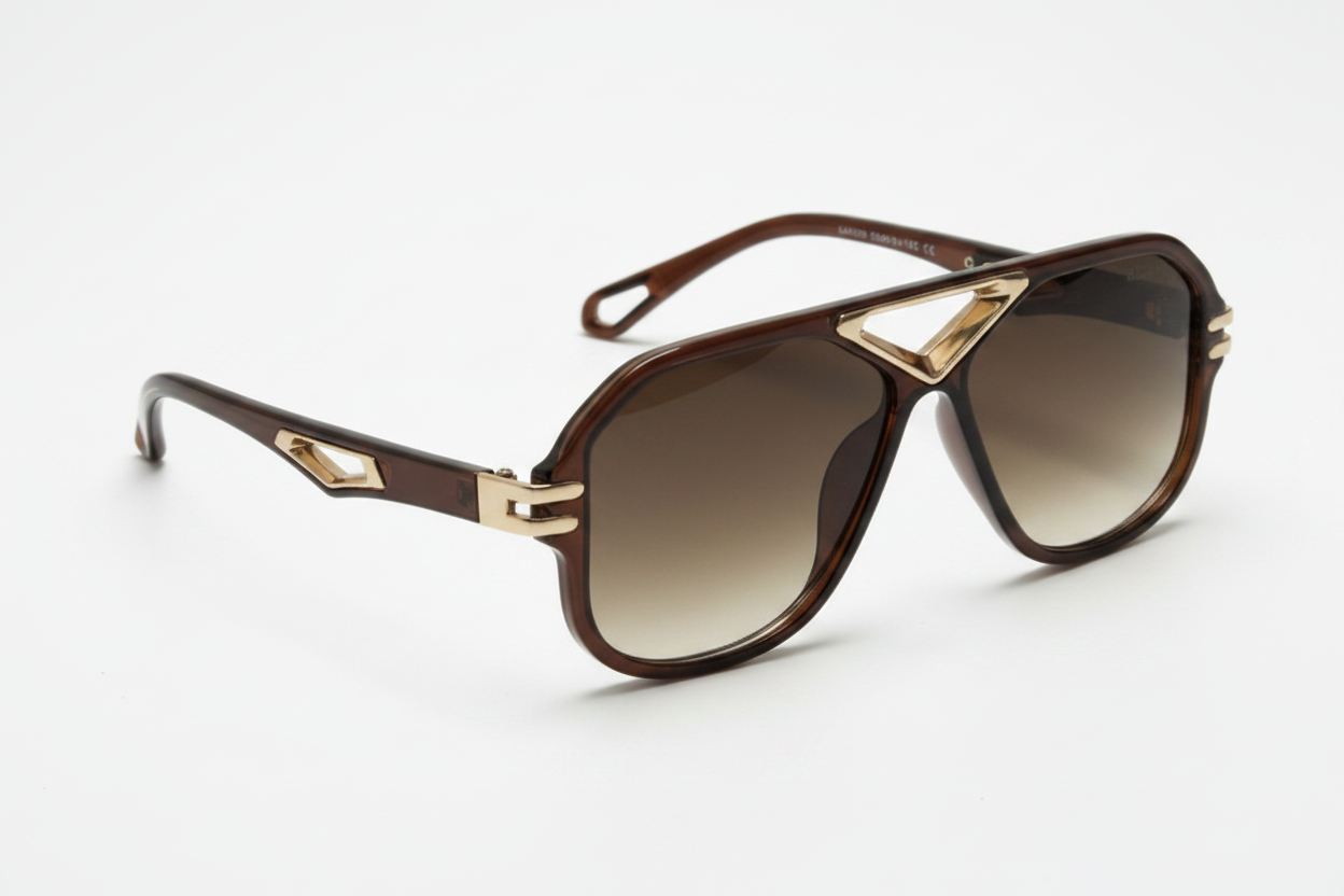 Brown aviator sunglasses with gold accents and gradient lenses, stylish unisex eyewear