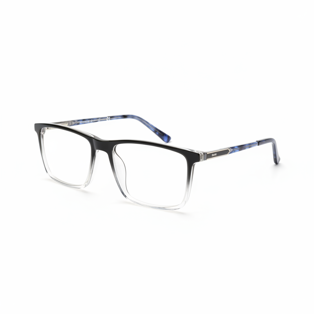 Black stylish  eyeglasses with blue accents on a white background