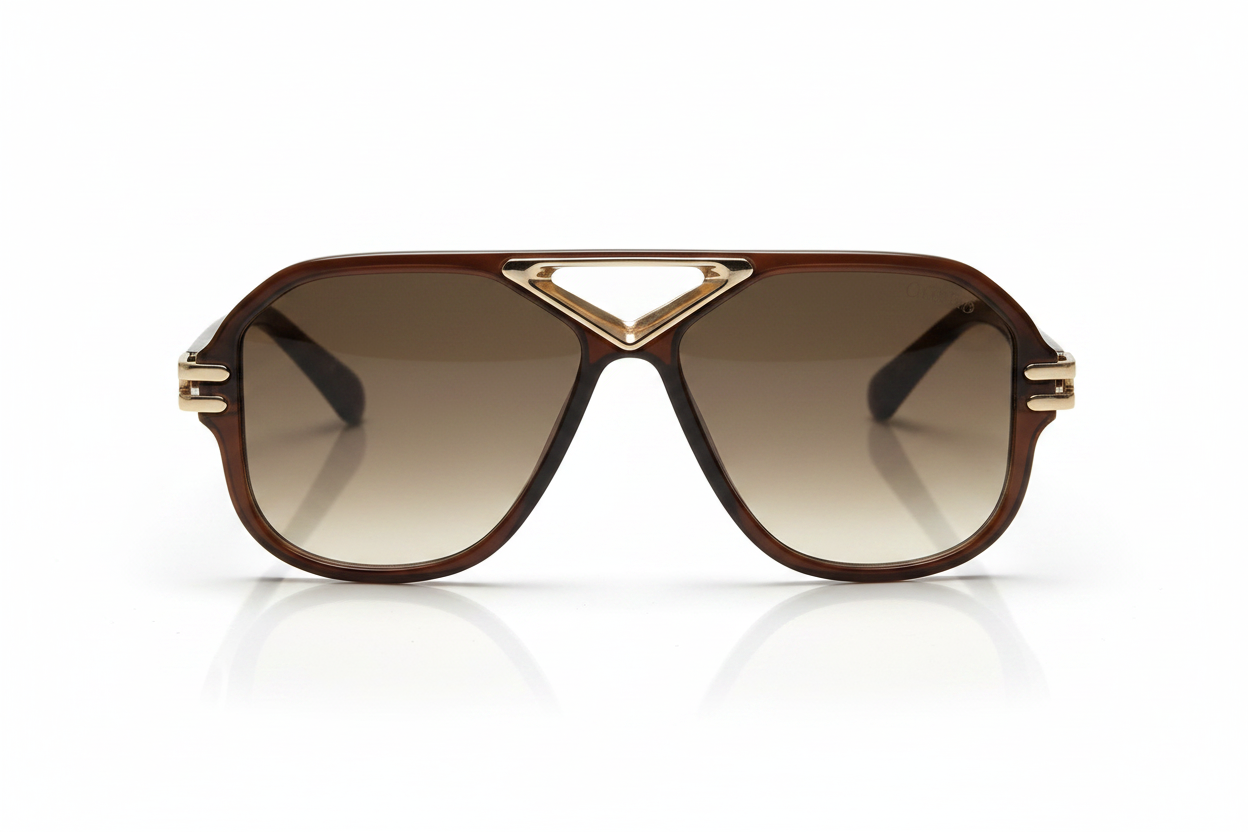 Brown aviator sunglasses with gold accents and gradient lenses on white background