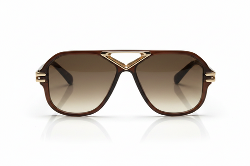 Brown aviator sunglasses with gold accents and gradient lenses on white background