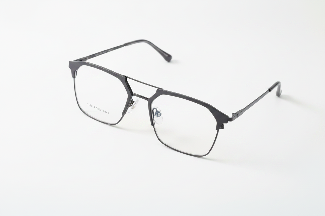 Modern black metal eyeglass frames with geometric design, clear lenses, and sleek temples on white background