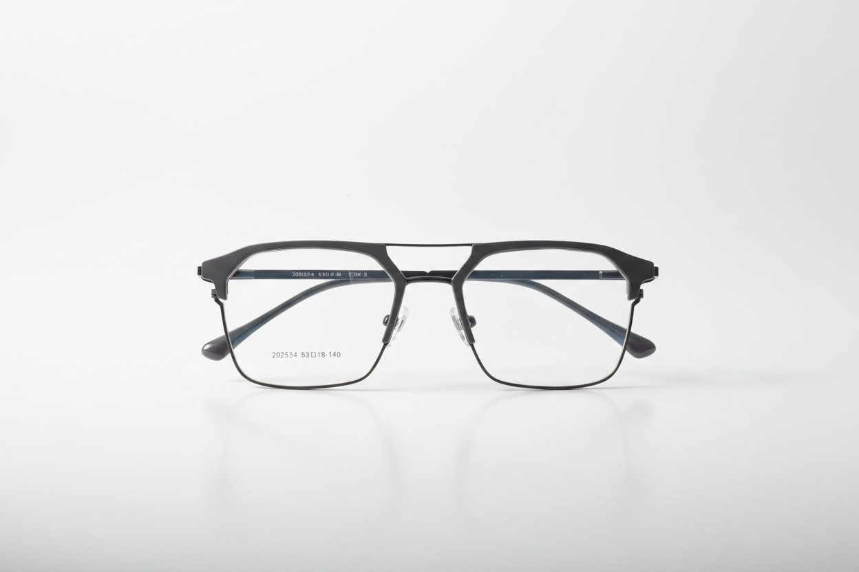 Modern black rectangular eyeglasses with sleek metal frame and clear lenses, minimalist studio shot