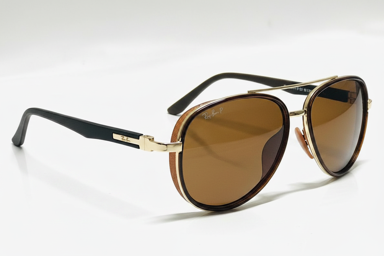 Ray-Ban aviator sunglasses with gold frame and brown lenses, stylish unisex eyewear