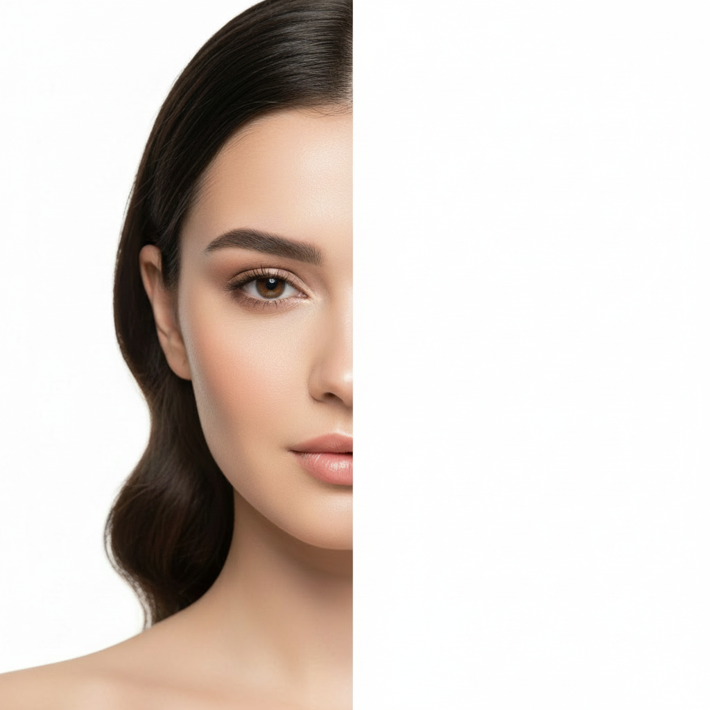 Close-up of woman's face with smooth skin and natural makeup, half visible against white background