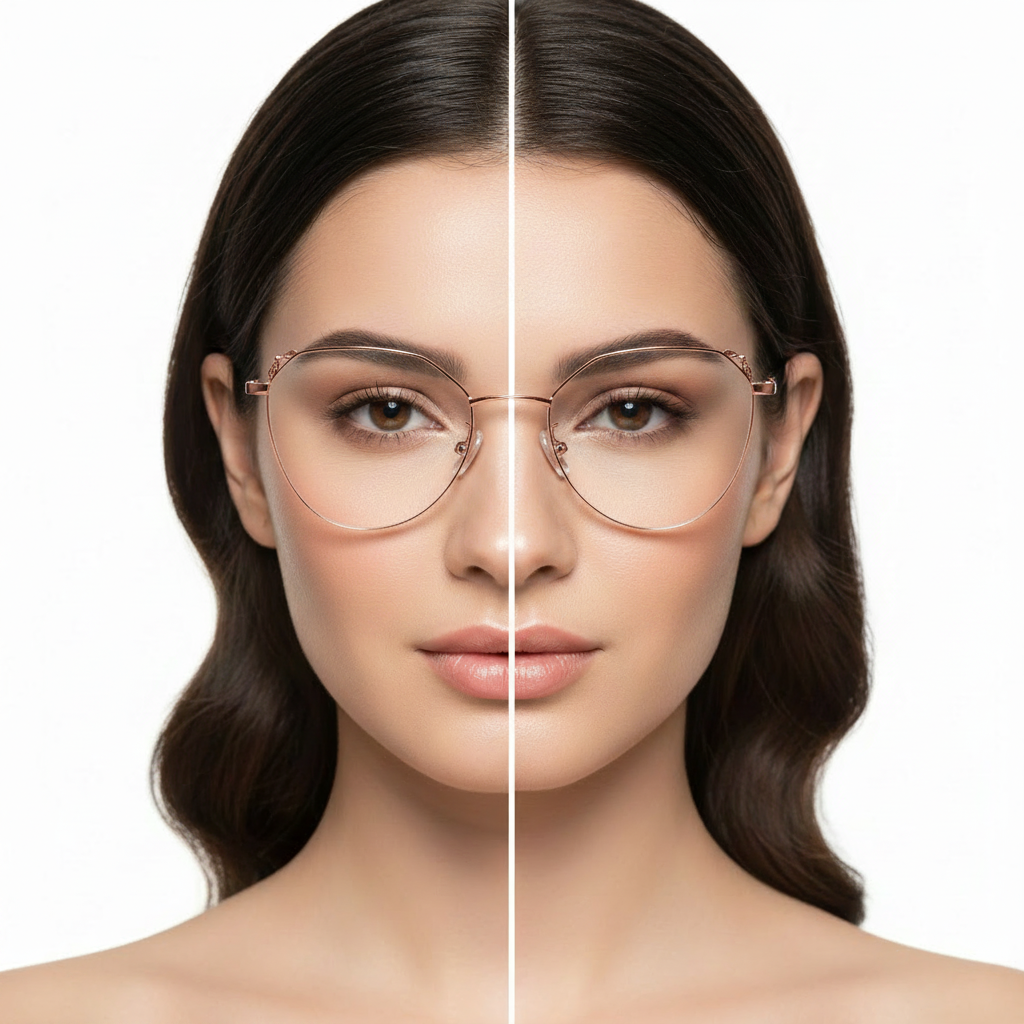 Woman wearing rose gold cat-eye glasses, split view showing with and without frames