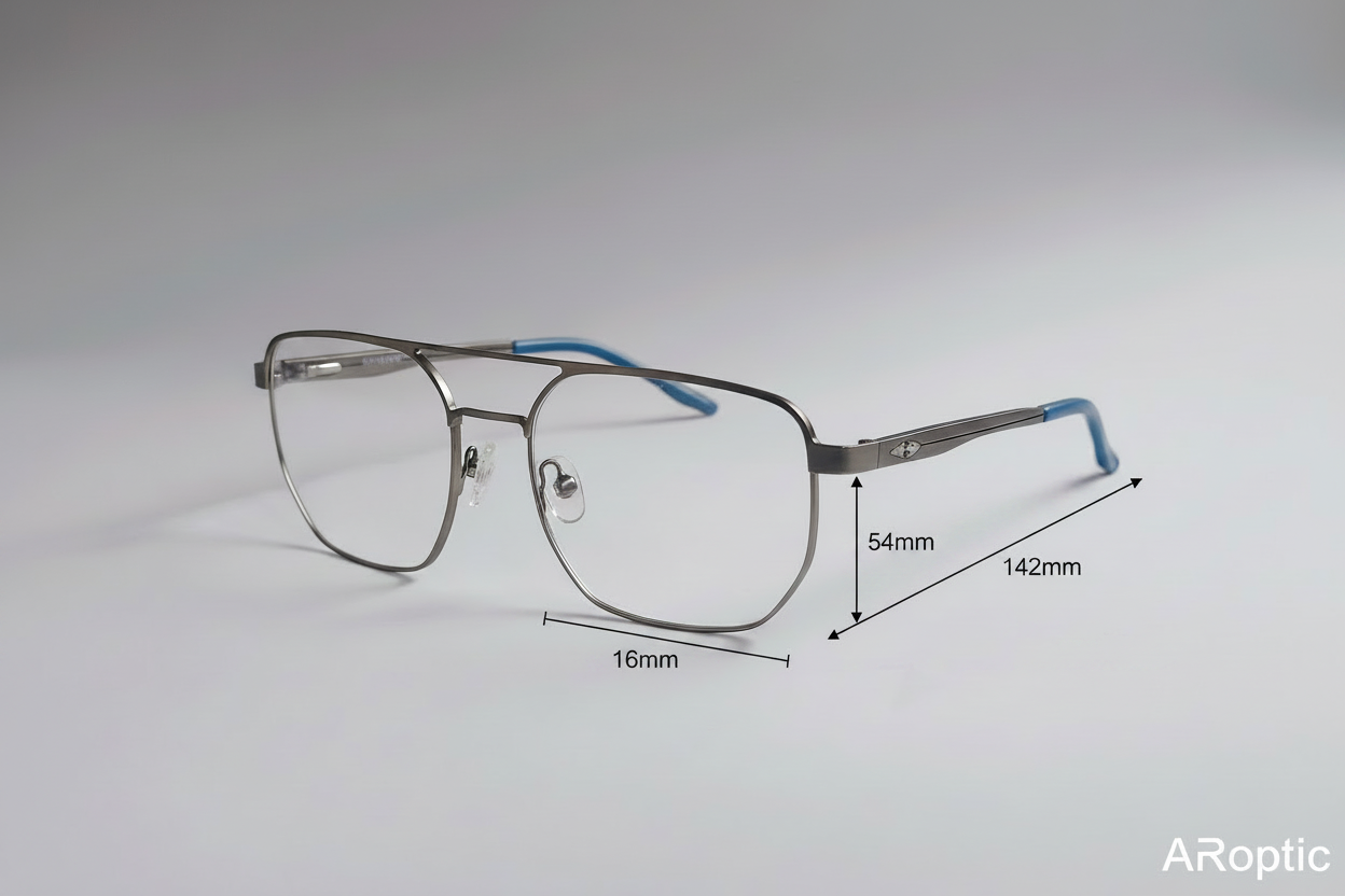Gunmetal Pilot – spec label image with measurements 54mm lens, 16mm bridge, 142mm temple