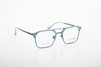 Light blue and black metal eyeglass frames with geometric design, clear lenses, and brand logo on temple
