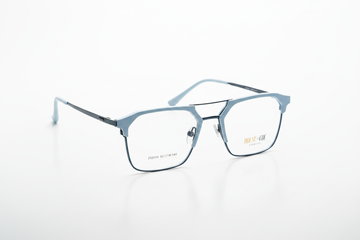 Light blue and black metal eyeglass frames with geometric design, clear lenses, and brand logo on temple