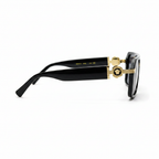 Black square sunglasses with gold Medusa emblem, luxury designer frames for women