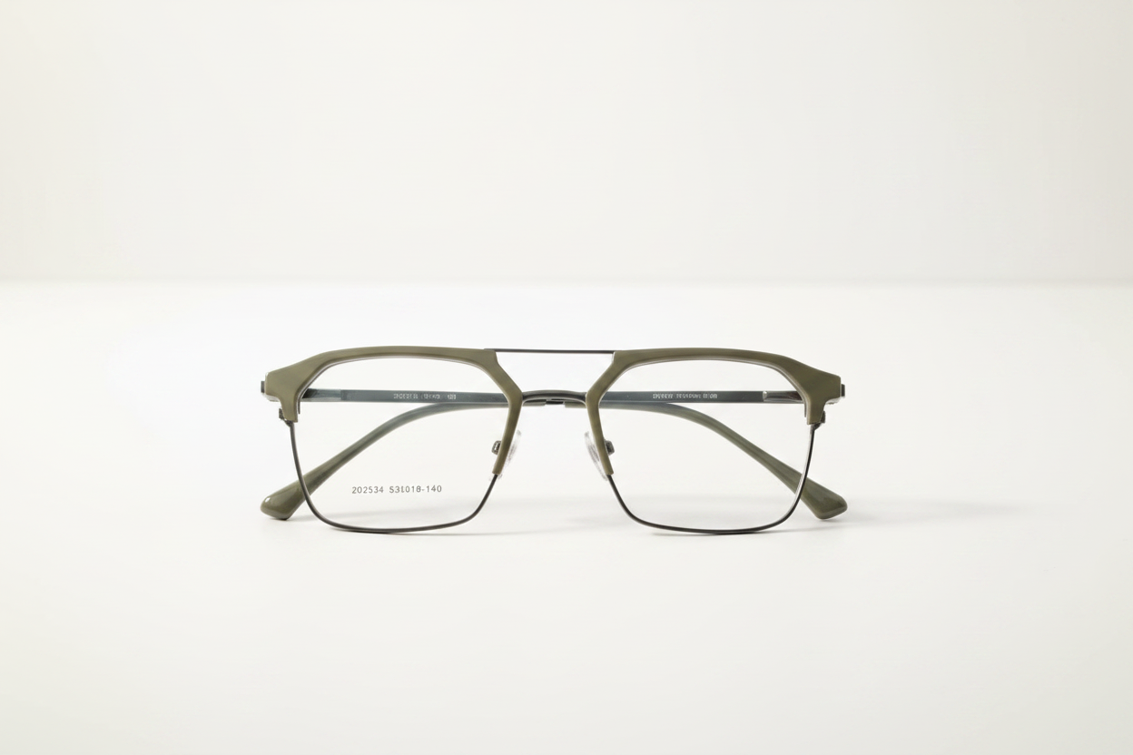 Olive green rectangular eyeglasses with thin metal frame, clear lenses, and modern geometric design on white background