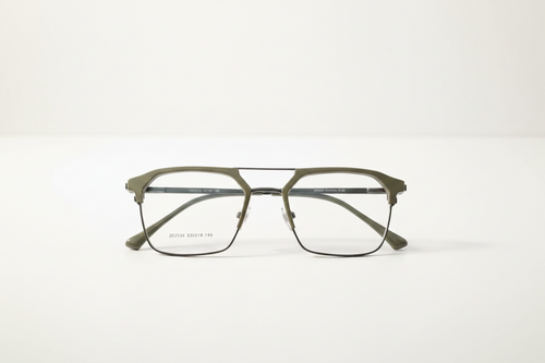 Olive green rectangular eyeglasses with thin metal frame, clear lenses, and modern geometric design on white background