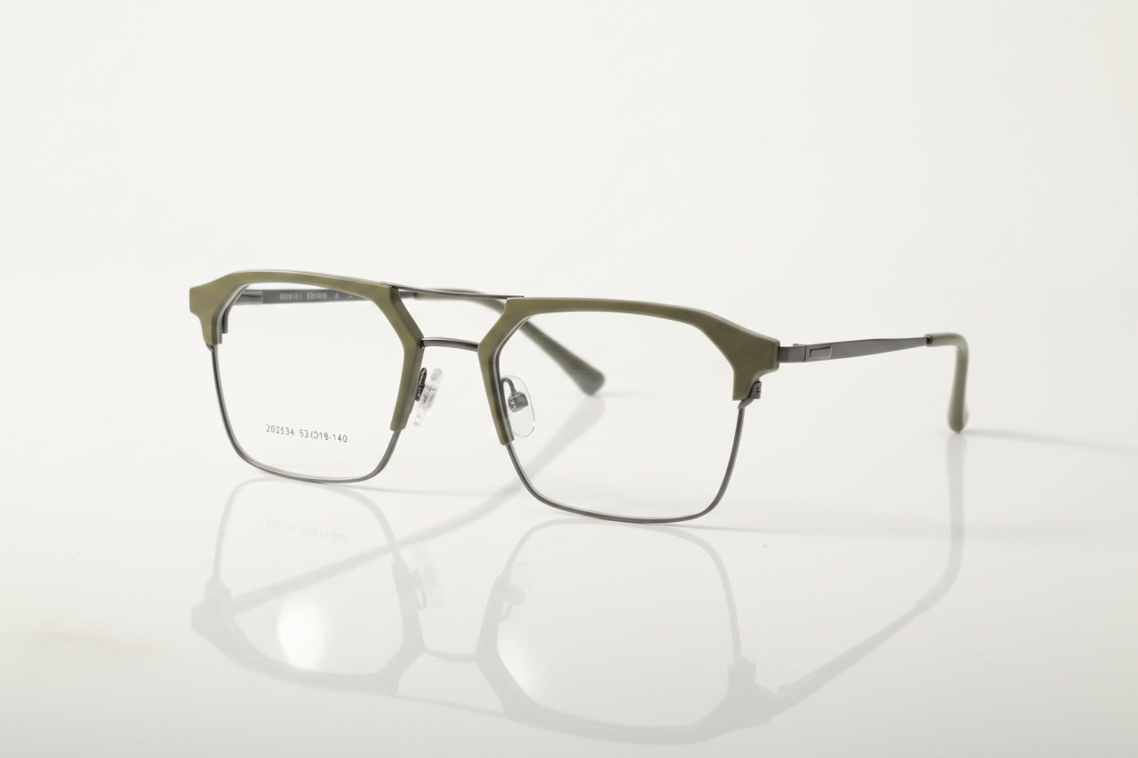 Olive green geometric stylish frame with clear lenses, modern metal frame, sleek design for men and women