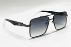 Stylish black square sunglasses with gradient lenses and gold accents, modern unisex design