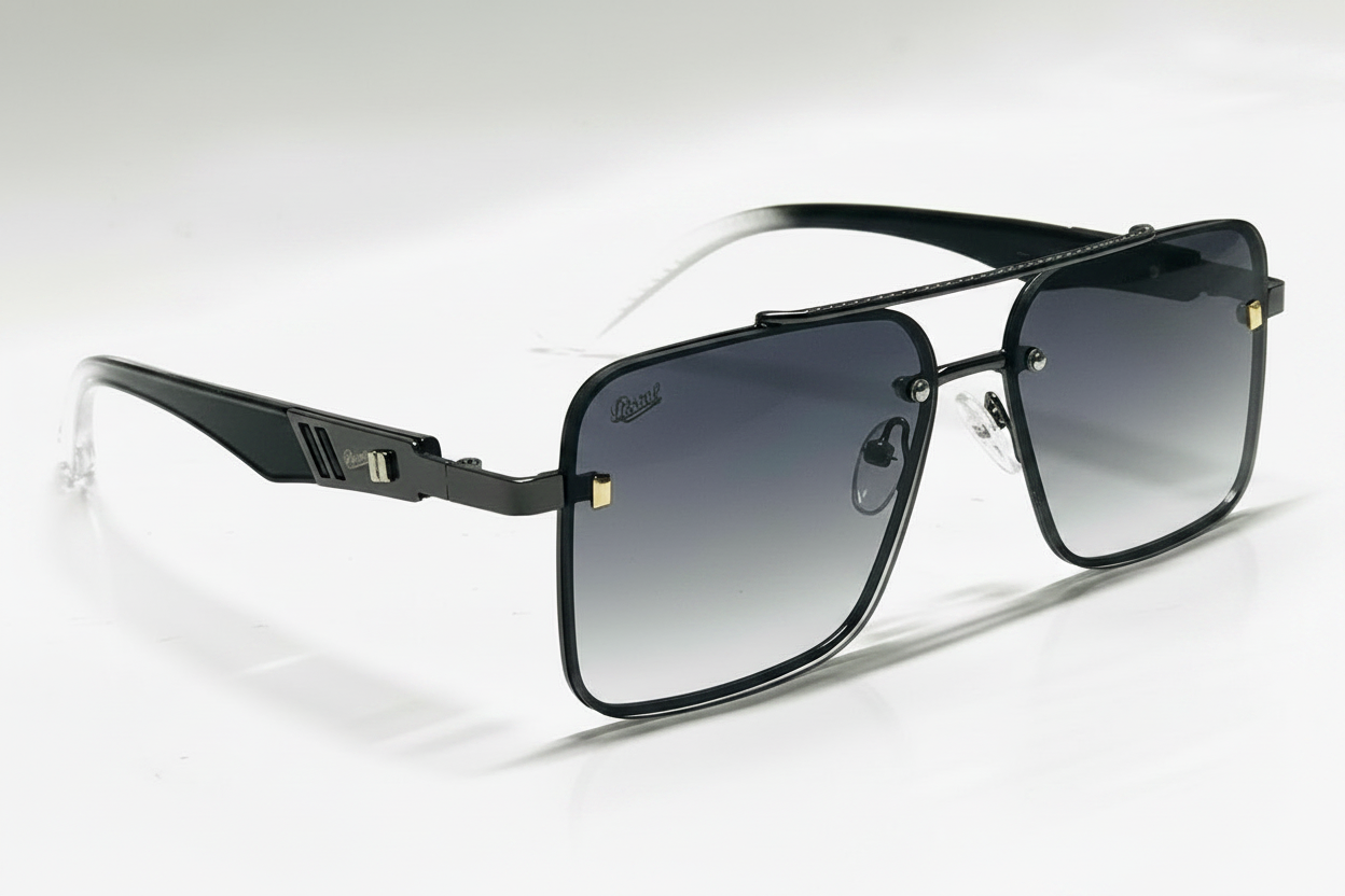 Stylish black square sunglasses with gradient lenses and gold accents, modern unisex design