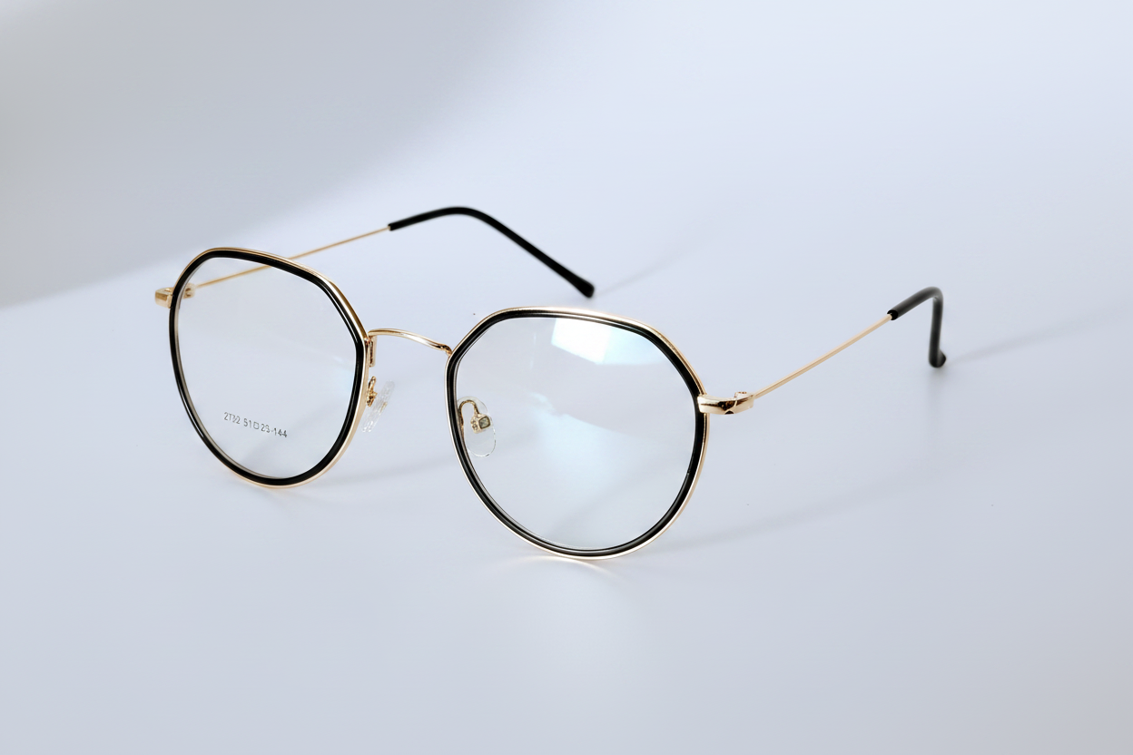 Gold and black round frame eyeglasses with clear lenses on white background