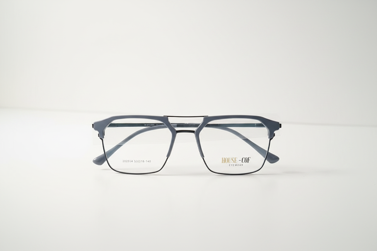 Modern gray geometric eyeglass frames with clear lenses, stylish unisex design for everyday wear