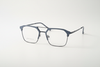 Modern geometric blue-gray eyeglass frames with clear lenses on white background