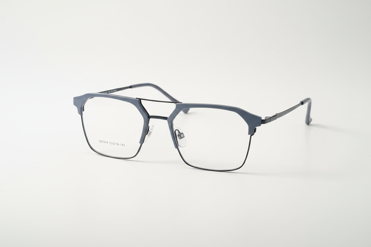 Modern geometric blue-gray eyeglass frames with clear lenses on white background