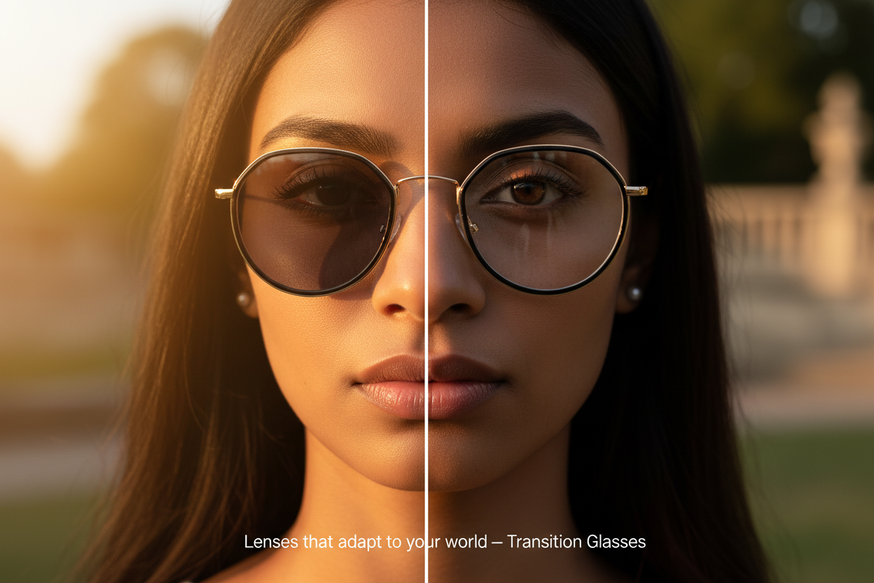Woman wearing transition glasses with lenses adapting from dark to clear outdoors